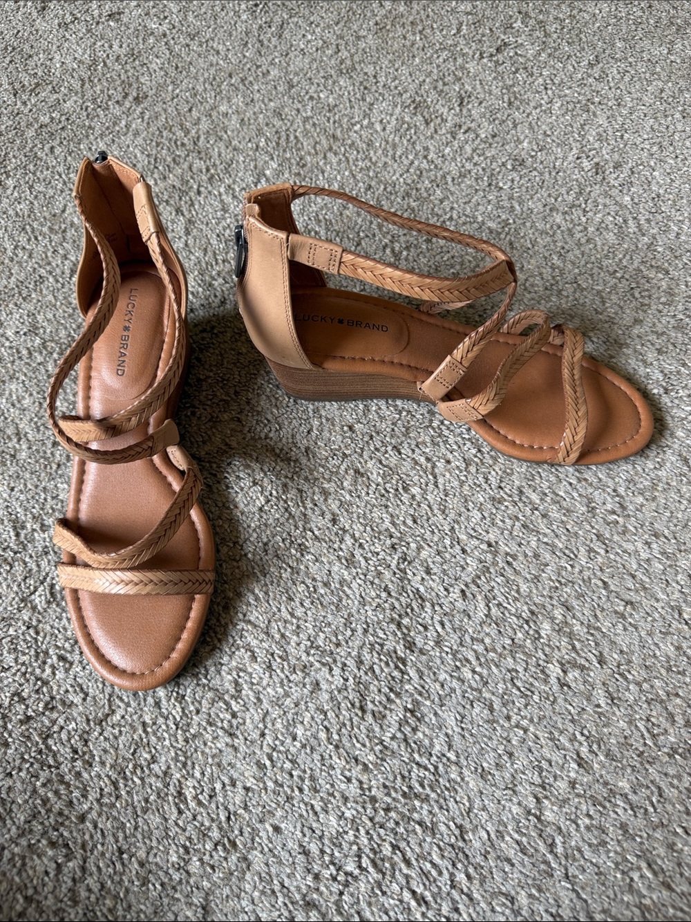 Lucky Brand Cognac Braided Strap Wedge Sandals